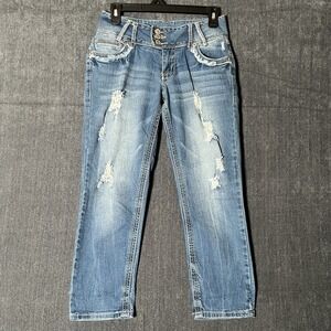 Amethyst Jeans Womens 3 Medium Wash Distressed Crop Capris Embroidered Pocket